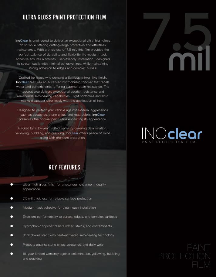 INOCLEAR - 7.5MIL Gloss Paint Protection Film 60" x 50FT